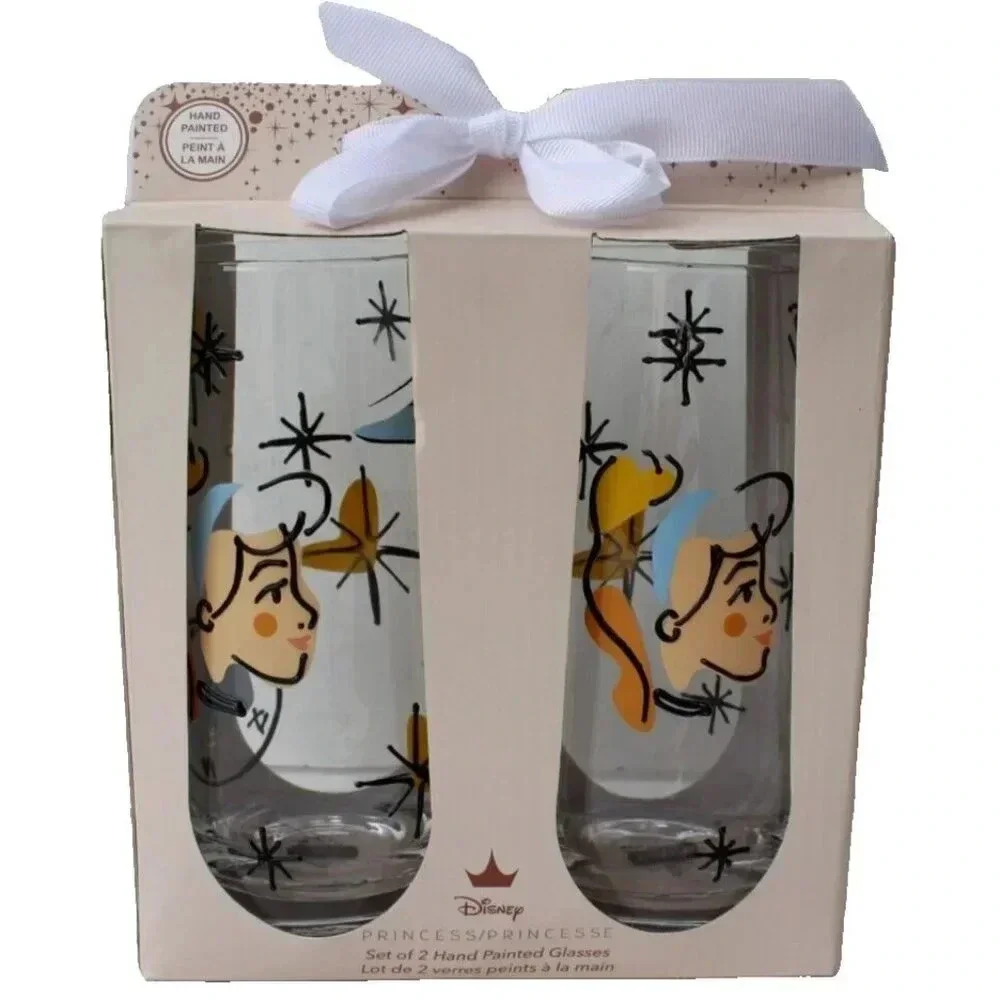 New Disney Princess Cinderella Hand Painted Vtg Retro MCM Wine Beverage Glasses